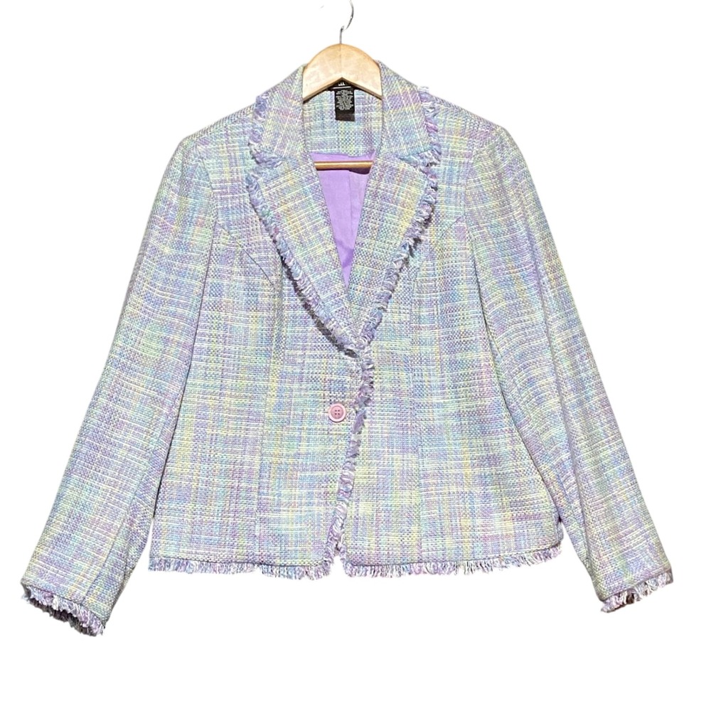NY Collection Tweed Blazer Jacket Pastel Plaid Fringe Women's S Career Bohemian